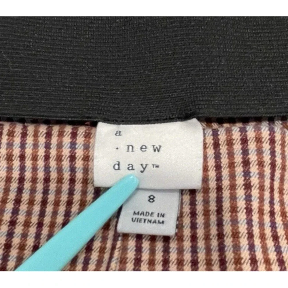 A New Day Womens Pants Side Zip Stretch Ankle High Rise Plaid Size 8‎ Brown Pink